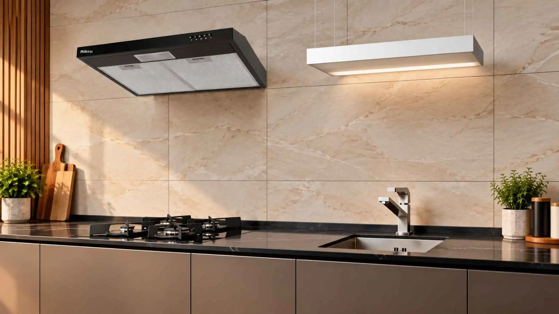 Depurador e exaustor Philco PDR60P Slim instalado acima da bancada com cooktop em cozinha planejada
