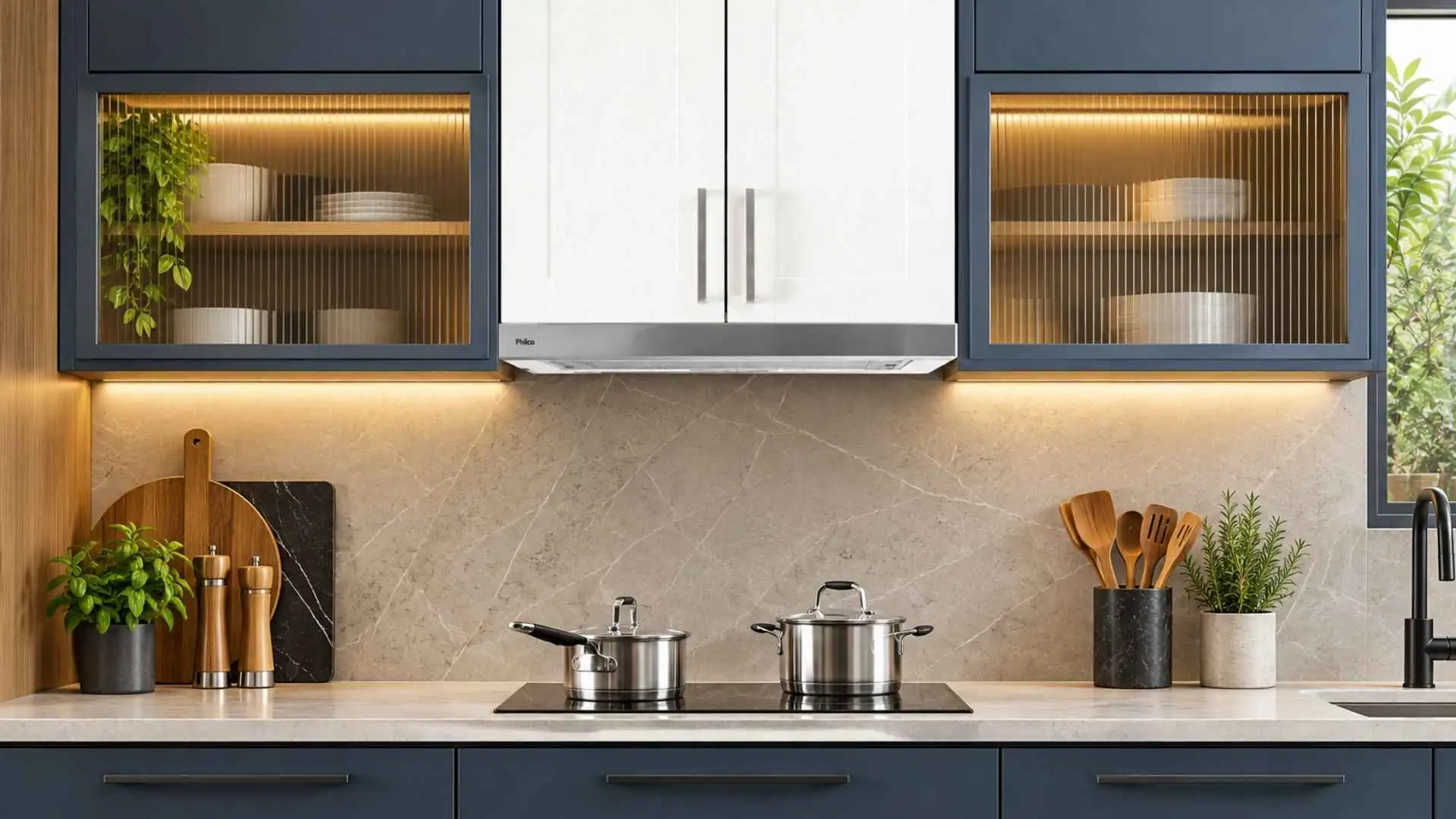 Depurador e Exaustor Philco PDR65I retrátil instalado em armário suspenso sobre cooktop em cozinha planejada