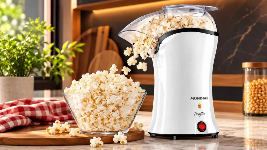 Pipoqueira Mondial Popflix branca PP-04 com tigela de pipoca crocante ao lado