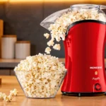 Pipoqueira Mondial Popflix vermelha PP-03 em funcionamento com pipocas caindo direto na tigela