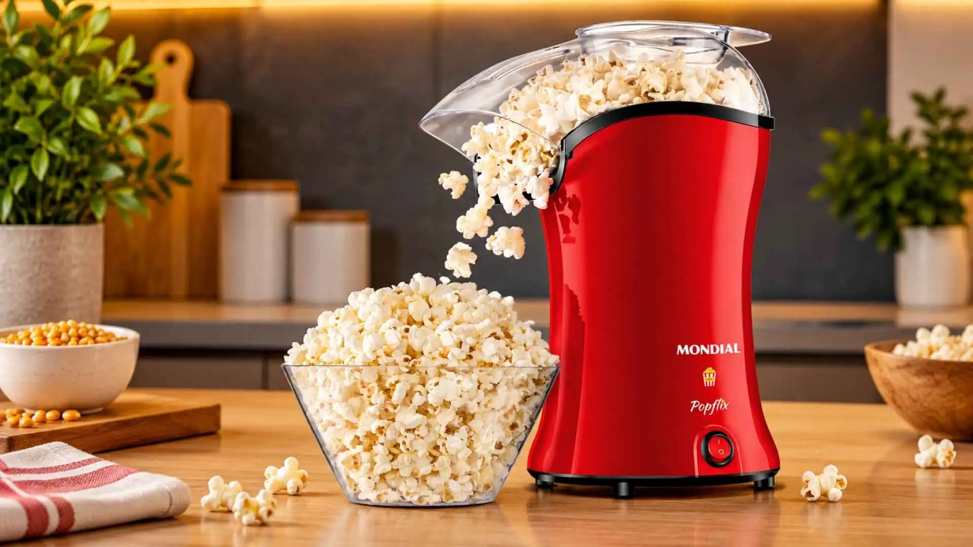 Pipoqueira Mondial Popflix vermelha PP-03 em funcionamento com pipocas caindo direto na tigela