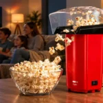 Pipoqueira Elétrica PopFilm PC9500 vermelha a preparar pipocas para a tigela com família reunida na sala