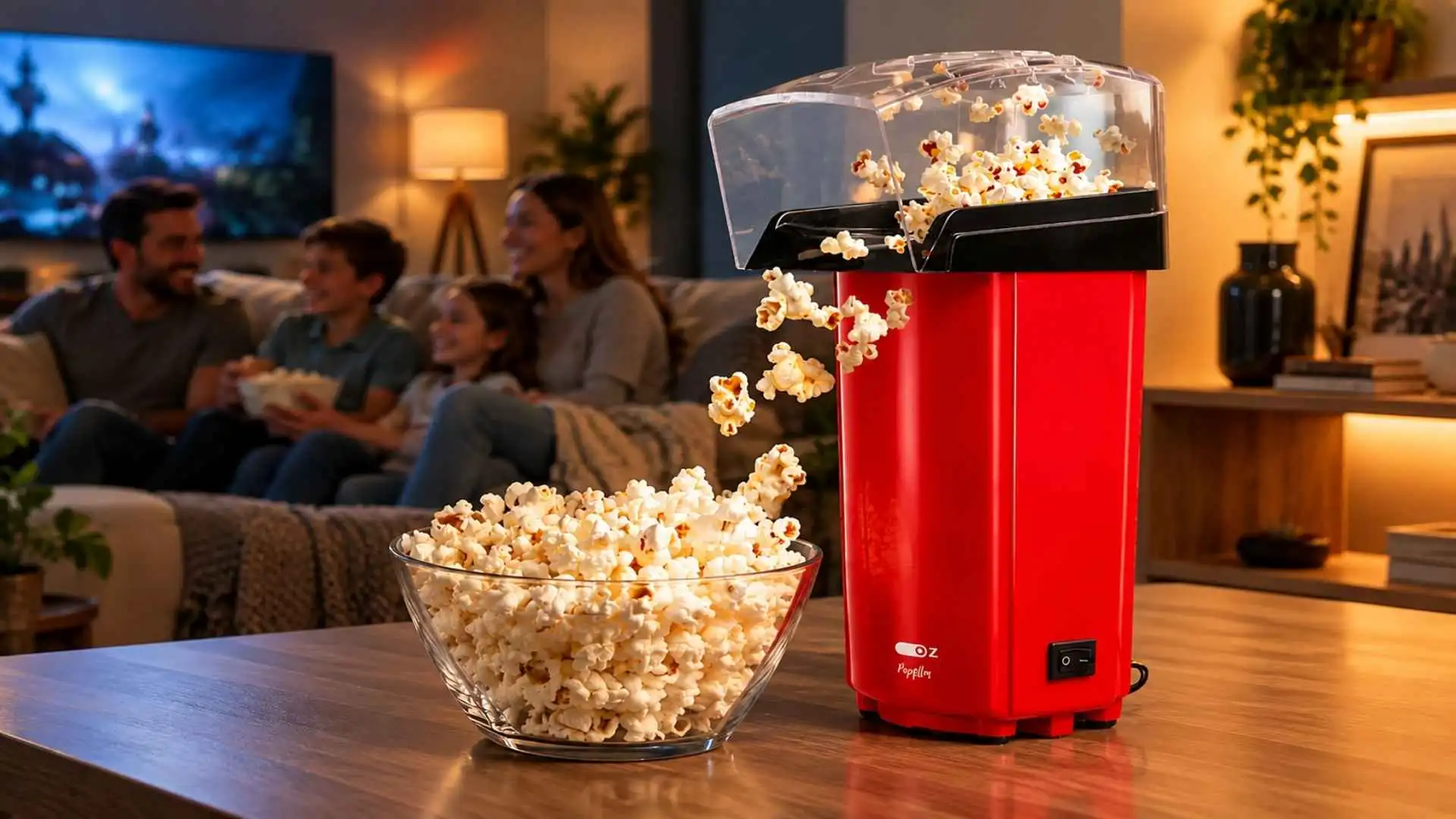 Pipoqueira Elétrica PopFilm PC9500 vermelha a preparar pipocas para a tigela com família reunida na sala